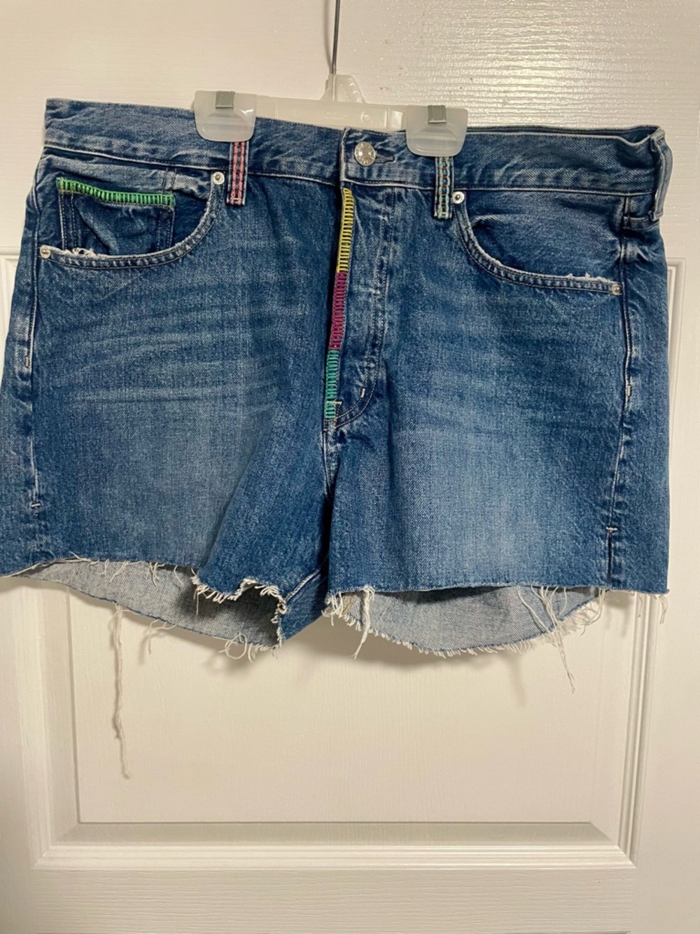 Edwin Blue Denim Cutoff Shorts with Rainbow Stitching, Size Large